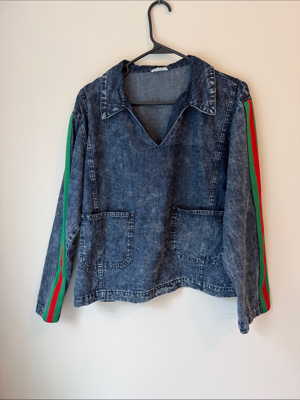JODIFL Washed Denim Top with Green & Red Sleeve Stripes